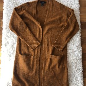 Long, warm brown, open front cardigan